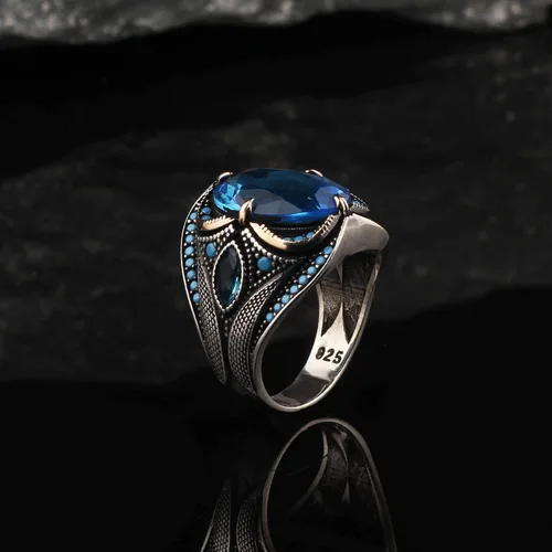 Miniatura 3 de BayVog 925 Sterling Silver Men's Ring, Blue Topaz Gem Stone Men Silver Ring, Handmade Zircon Stone Silver Ring for Men, Blue Stone Silver Ring gifts