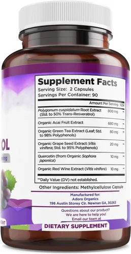Miniatura 2 de Resveratrol 1600mg - 180 cápsulas Suplemento antioxidante de trans-resveratrol con té verde natural, polifenoles de semilla de uva y quercetina