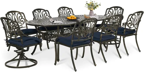 Miniatura 36 de Juego de comedor de patio de 9 piezas, mesa y sillas de patio al aire libre, mesa de comedor ovalada de aluminio fundido de 84 pulgadas con agujero