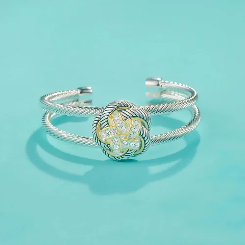 Miniatura 2 de UNY JEWEL Las joyas hacen una declaración con nuestro brazalete abierto abierto de doble alambre trenzado de dos tonos de alambre y flores es un