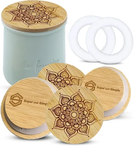 Miniatura 16 de Tapas de Bambú para Frascos de Yogur La Fermiere Paquete de 4 Diseño de Flores Aster Tapas de Bambú con Grabado Floral para Frascos de Cerámica