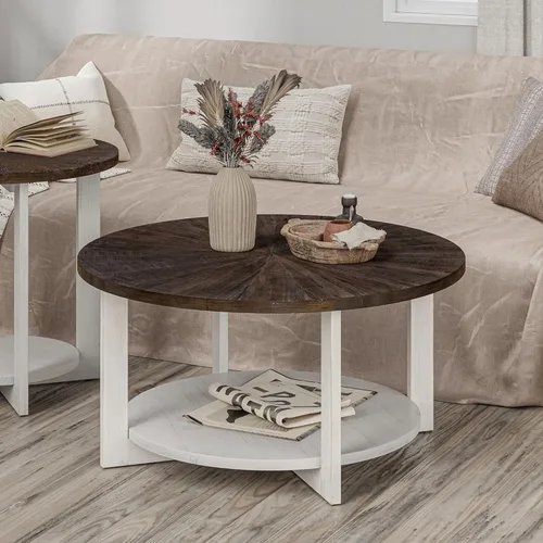 Miniatura 8 de Mesas de centro redondas de madera con almacenamiento, mesa de centro rústica con parte superior de madera envejecida, mesa circular grande