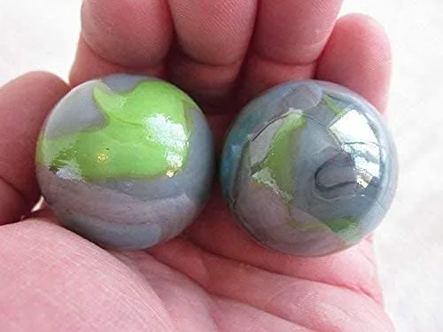 ~ Juego de 2 canicas de vidrio sólido para decoración del hogar, jarrón, 1.378 in, color gris/verde, remolinos grandes, para decoración del hogar,