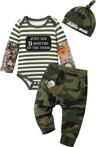 Miniatura 14 de Conjunto de 3 piezas de ropa para bebé y niño, manga de tatuaje, mameluco divertido y pantalones