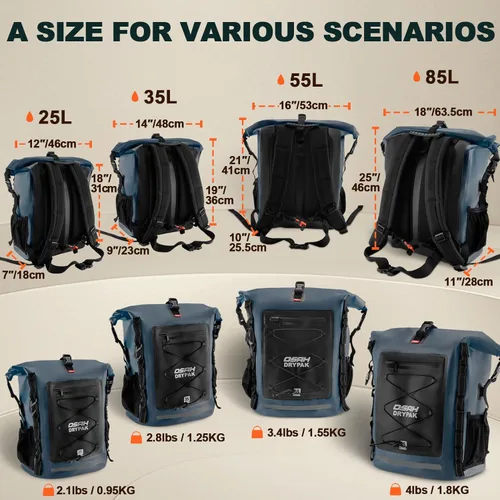 Miniatura 2 de OSAH DRYPAK Mochila impermeable 35L/55L/85L – Mochila de senderismo resistente con parte superior enrollable que mantiene el equipo seco para Azul