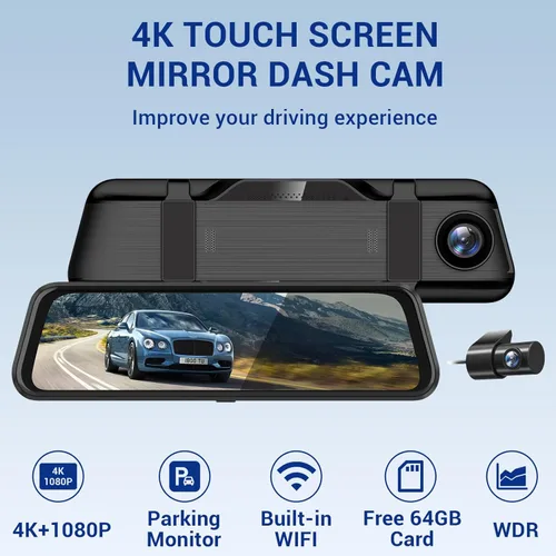 Miniatura 7 de Cámara de espejo retrovisor 4K, cámara de tablero de espejo de 10 pulgadas delantera y trasera con tarjeta de 64 GB, cámara de tablero de pantalla