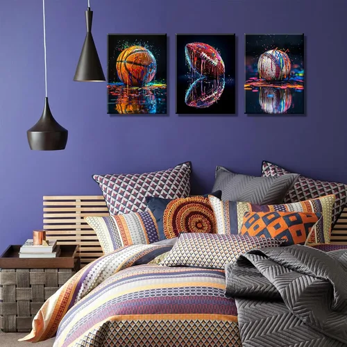 Miniatura 9 de 3 piezas de arte de pared en lienzo deportivo de graffiti para habitación de niños, rústico, fútbol, béisbol, fútbol americano, rugby, decoración