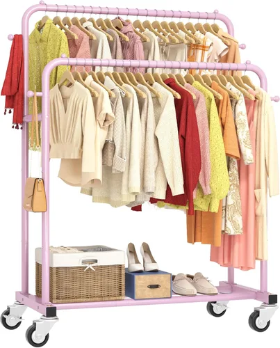Miniatura 11 de Laiensia - Perchero de doble varilla con ruedas, estante para colgar ropa, con 4 ganchos, estante multifuncional para ropa de dormitorio