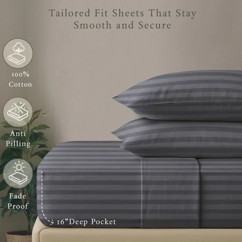 Miniatura 5 de Threadmill Juego de ropa de cama de algodón de lujo de 500 hilos de 4 piezas, sábanas suaves y sedosas de color gris oscuro con bolsillo profundo
