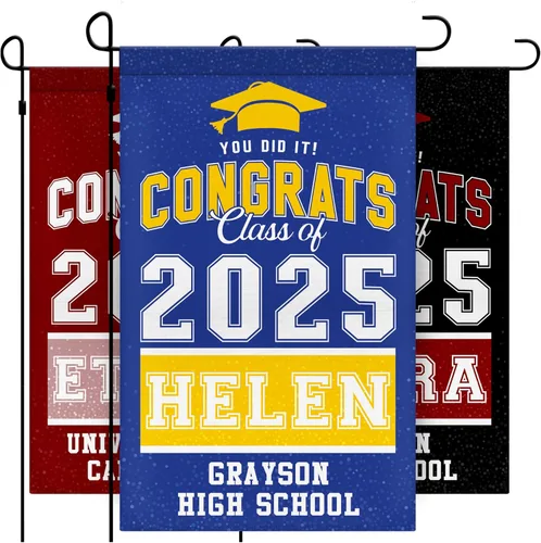 Bandera de graduación personalizada con nombre y nombre de la escuela, 16 colores y 3 tamaños, decoraciones de graduación al aire libre, letrero de