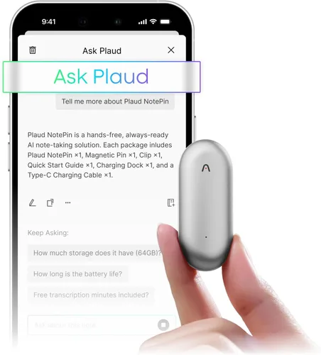 Miniatura 11 de Plaud Grabadora de voz NotePin, grabadora de voz AI, tomador de notas AI, transcribir y resumir AI, compatible con 112 idiomas, para reuniones, Gris