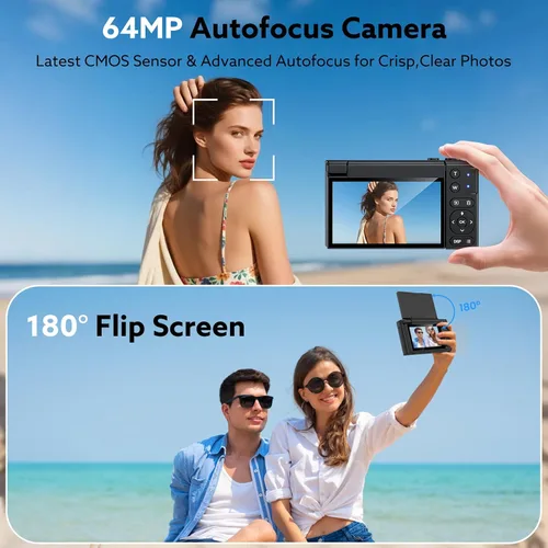 Miniatura 3 de Cámara digital 4K, cámara de vlogging de 64 MP para fotografía con pantalla abatible de 180 ° de 3 pulgadas, lentes macro y gran angular, cámara