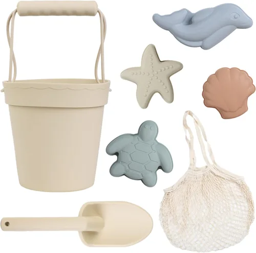 BLUE GINKGO Juguetes de playa de silicona – Moderno juego de playa apto para viajes para bebés, cubo, pala, 4 moldes de arena, bolsa, juguetes de