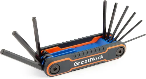 GreatNeck 74208 - Juego de llaves hexagonales plegables SAE de 9 piezas, juego de llaves Allen, tamaños de llaves etiquetadas, cierres fácilmente