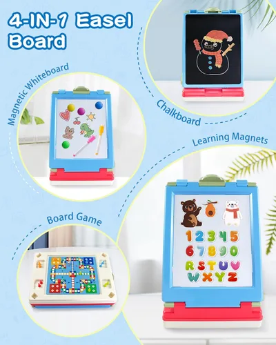 Miniatura 5 de Elovien Caballete para niños, caballete de arte de doble cara 4 en 1 con pizarra y pizarra blanca magnética, caballete de mesa plegable para niños