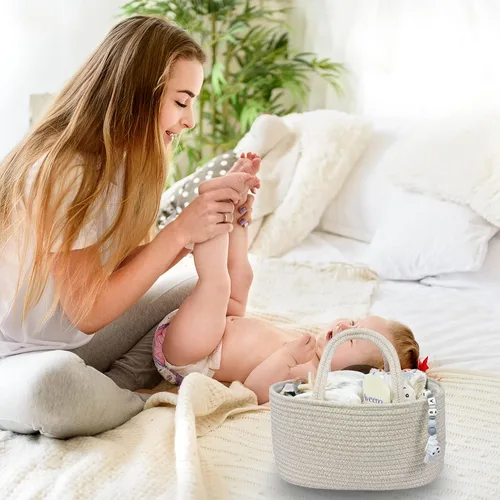 Miniatura 4 de Organizador de pañales para bebé con cuerda de algodón para niña o niño, cesta de almacenamiento portátil para guardería, bolsa de transporte