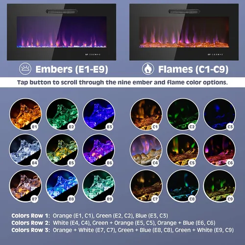 Miniatura 6 de Prominence Home Chimenea eléctrica de diseño delgado LED y chimenea montada en la pared con calentador de 1500 W, opciones de troncos y brasas