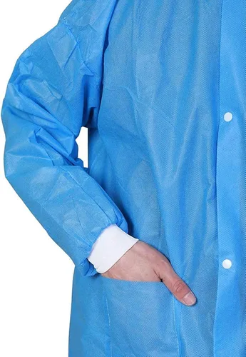 Miniatura 4 de Greenour Disposable Lab Coat Blue SMS with Pockets for Adult Knitted Collar and Cuffs Breathable Fluid Resistant