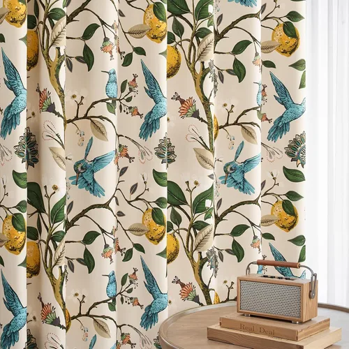 Miniatura 4 de Cortinas beige para cocina, 36 pulgadas de largo, diseño floral botánico de limón y colibrí, cortinas plisadas para oscurecer la habitación