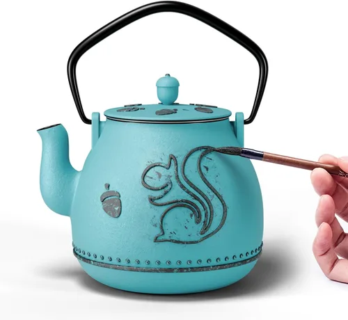 Miniatura 24 de Toptier - Tetera de hierro fundido, hervidor de té seguro para estufa japonés de hierro fundido, tetera de diseño de diamante con infusor removible