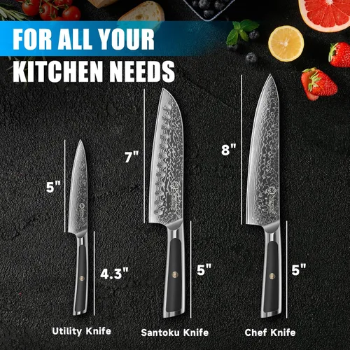 Miniatura 5 de Sunnecko Juego de Cuchillos de Cocina Damascus de 3 Piezas, Juego de Cuchillos de Chef Afilados Juegos de Cuchillos de Cocina Profesionales Full