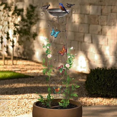 Miniatura 6 de SUNNYPARK Baño para pájaros con enrejado al aire libre, enrejado de hierro antiguo para jardín con mariposas decorativas, cuenco desmontable