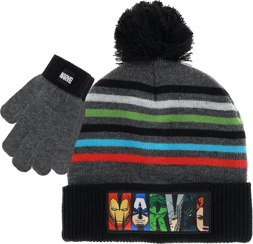 Marvel Avengers - Conjunto de sombreros de invierno y guantes de nieve para niños y niños pequeños con lindos mitones y gorro suave, pompón esponjoso