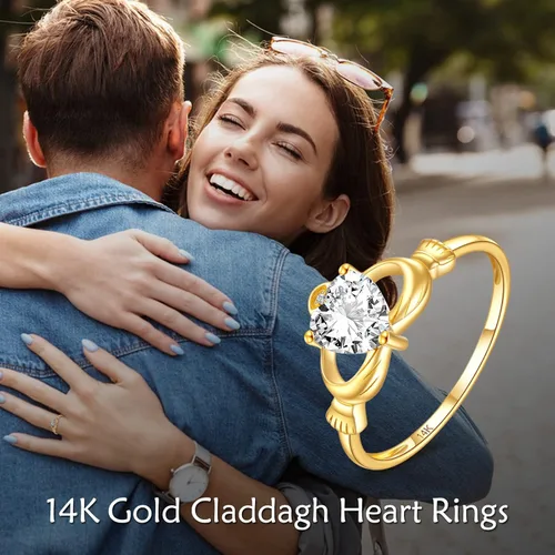 Miniatura 5 de ELFRONT Anillo de corazón de Claddagh irlandés de oro macizo de 14 quilates, joyería celta con moissanita para mujer, lealtad, promesa, compromiso