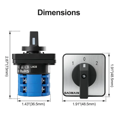 Miniatura 5 de Baomain Interruptor de cambio rotativo, 20A 3 posiciones, selector de leva de 8 terminales con selección de circuito 1-0-2, certificado UL