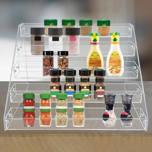 Miniatura 5 de PMMASTO Estante de especias escalonado, organizador de condimentos, estantes verticales de acrílico transparente para encimera, gabinete, despensa