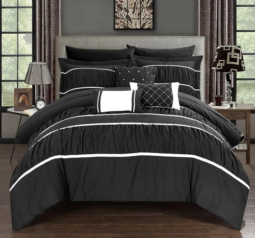 Chic Home Cheryl Juego de sábanas y acolchado de 10 piezas con detalles plizados para cama King en una bolsa, color blanco, Microfibra, Negro, King