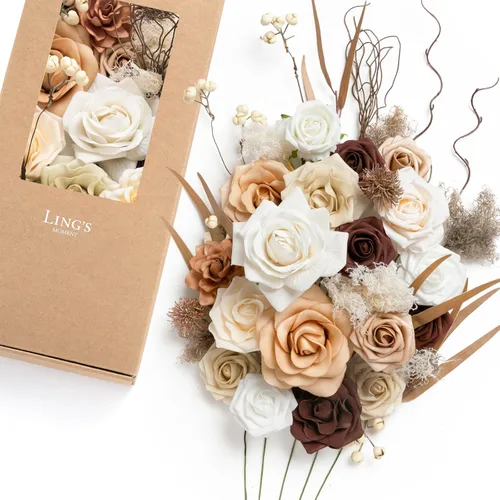 Miniatura 25 de Ling's moment Caja de Flores Falsas, Tallos de Vegetación Artificial Falsa Rosas de Espuma Dalia Hortensia de Seda Peonía Flor de Tela para Centros