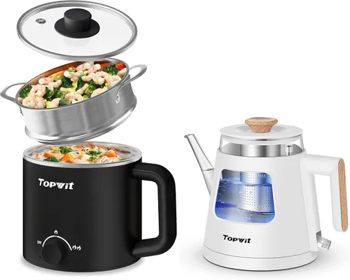 Topwit Cocina eléctrica con vapor, olla de ramen de 1.6 L y hervidor eléctrico de agua caliente de vidrio de 1 litro