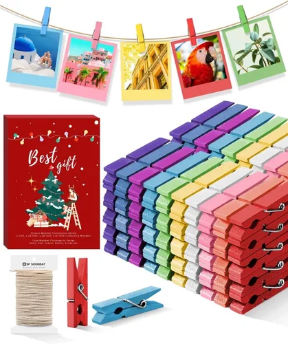 Mini prendedores para fotos, pinzas pequeñas de colores, paquete de 100 clips de madera arcoíris coloridos con cuerda de 32 pies para manualidades,