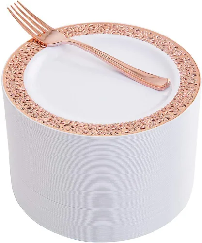 Miniatura 12 de WDF 86 platos de postre de oro rosa de 6 pulgadas con 86 tenedores desechables de 5 pulgadas, elegantes platos de plástico cuadrados para el día