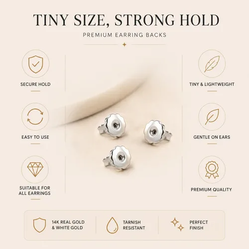 Miniatura 5 de Everyday Elegance Pendientes sólidos de oro blanco de 14 quilates con dos piezas de repuesto para parte trasera de arete Tornillo roscado