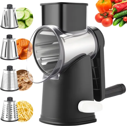 Miniatura 16 de Weltonhm Ralladores rotativos de queso con 4 cuchillas, rallador de queso de manivela con rebanador de gofres, triturador de queso rojo, negro