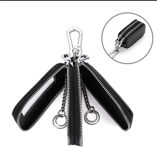 Miniatura 6 de BELOMI Funda para llave de coche, llavero de cuero genuino con cuerda y cierre de cremallera, funda protectora para llaves para hombres y mujeres