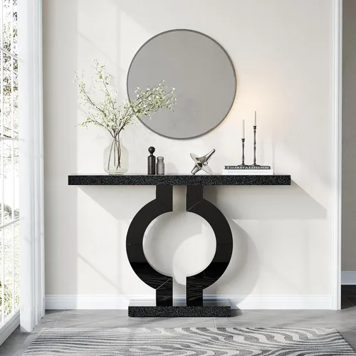 Miniatura 2 de LITTLE TREE Mesa consola de vidrio espejo de 43 pulgadas con base en forma de O, mesa de entrada de vidrio para sala de estar, moderna mesa de sofá