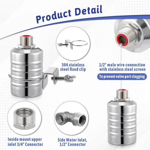 Miniatura 3 de Válvula de flotador de acero inoxidable 304 con control automático de nivel de agua, válvula de flotador de 1/2 a 3/4 pulgadas con cierre automático