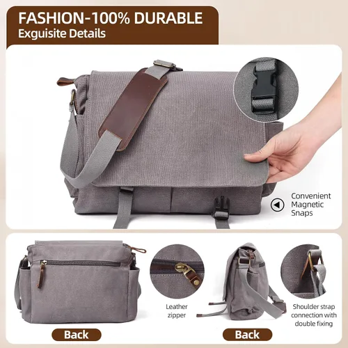 Miniatura 3 de Bolsa de mensajero para hombre, bolsa para laptop, unisex, bolsa de lona retro, 14-15.6 pulgadas, casual, bolsa de hombro individual para trabajo