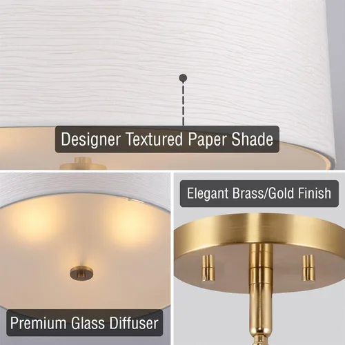 Miniatura 2 de Kira Home Pearl - Lámpara colgante moderna de tambor grande de 18 pulgadas, 3 luces, pantalla texturizada blanca + difusor de vidrio, altura Latón