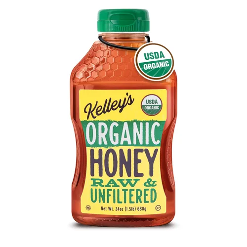 Kelley's Miel cruda y sin filtrar 100% orgánica, certificado USDA, 24 onzas, miel totalmente natural, rica en sabor para frutas, yogur, batidos,