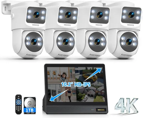 Sistema de cámara de seguridad 4K PoE con monitor de 10.2 pulgadas, NVR de 8 canales HDD de 1 TB y 4 cámaras de doble lente, seguimiento automático