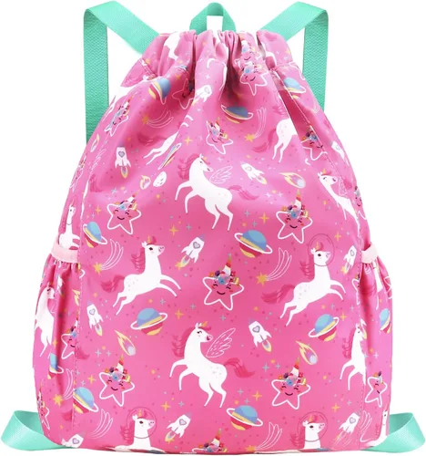 Mochila con cordón para niños, bolsa de baile para niñas, gimnasio, playa, natación, viajes, con dos soportes para botellas de agua, Color 27,
