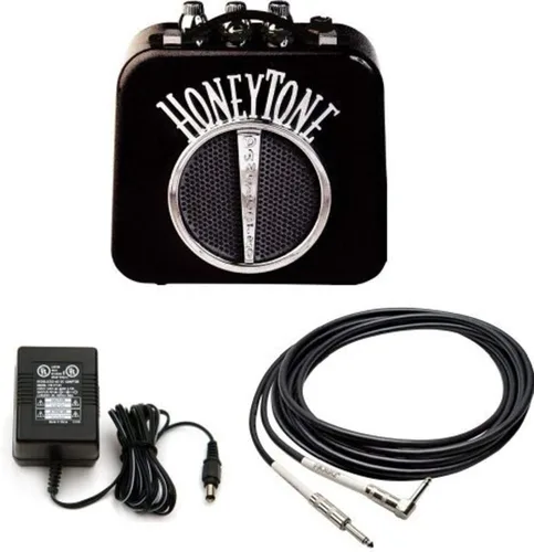 Danelectro Mini amplificador N10B tono miel en negro con adaptador de corriente de 9 V y enchufe de ángulo recto de 5 pies