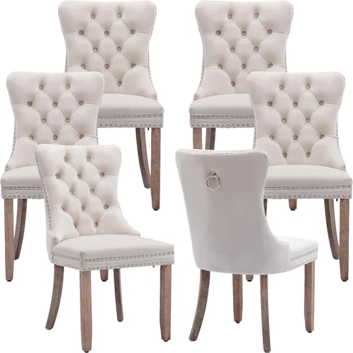 Miniatura 135 de ODUSE-DAILY - Juego de 4 sillas de cocina y comedor de terciopelo beige, tapizadas en tela, respaldo alto con alas, anilla metálica, estructura