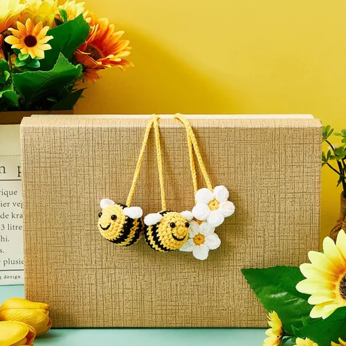 Miniatura 6 de 4 piezas de lindos accesorios para espejo retrovisor de abeja y flor, decoración de coche de ganchillo, accesorios para espejo de coche tejidos a