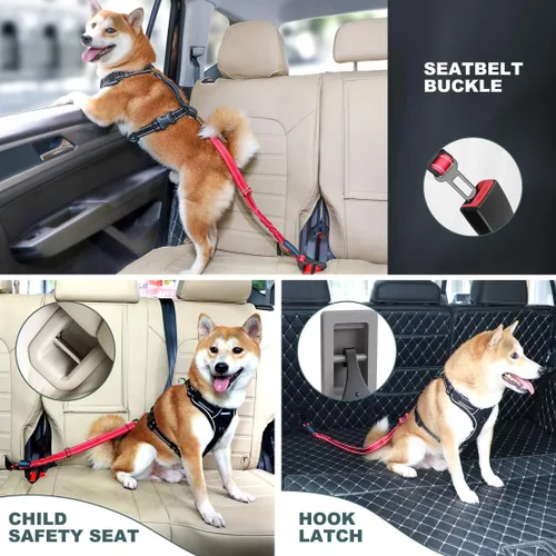 Miniatura 6 de IOKHEIRA Cinturón de seguridad para perro, arnés de automóvil 3 en 1 para mascotas, cinturón de seguridad ajustable de nailon, tela elástica Rojo