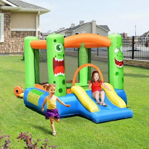 Miniatura 8 de HONEY JOY Casa inflable de rebotes, luna inflable para niños con tobogán, área gigante de saltos, fosa de pelotas oceánicas, aro de baloncesto